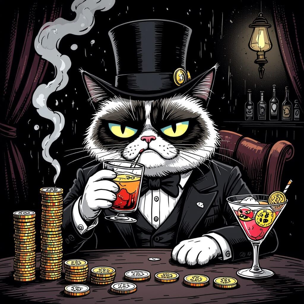 Grumpy Cat Sipping Cocktail in Speakeasy, Gritty Cartoon Sty...