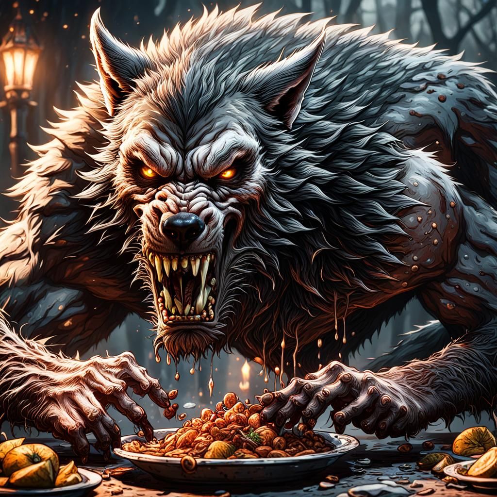 Detailed Matte Painting of a Werewolf Eating
