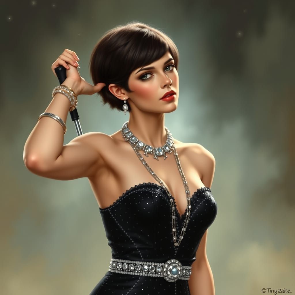 Flapper Goddess in Sparkling Black Dress