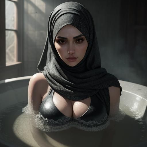 Hyperrealistic Hijab Woman Bathing in Unreal Engine