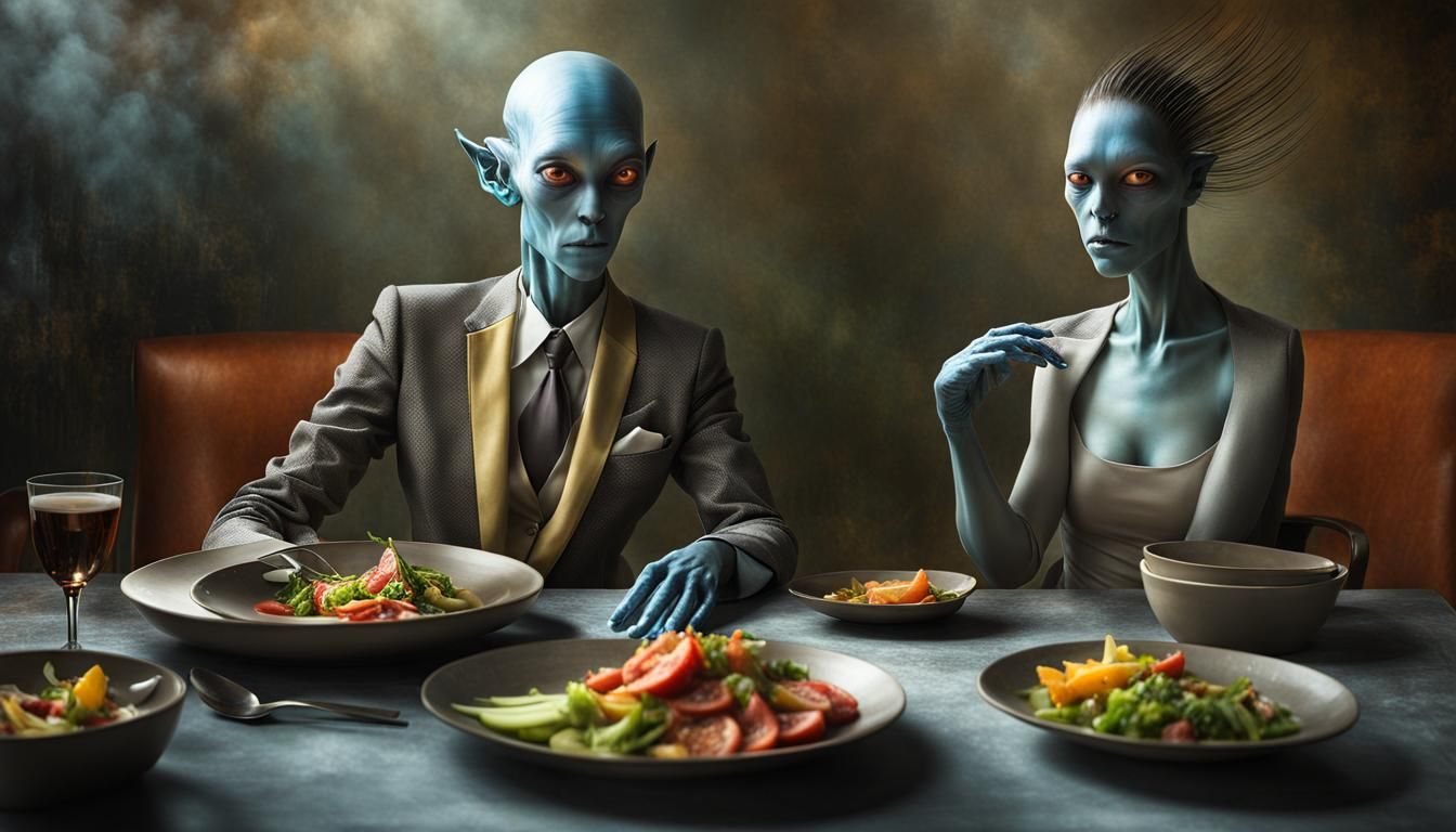 Alien at Table: Polychromatic Abstract Matte Painting
