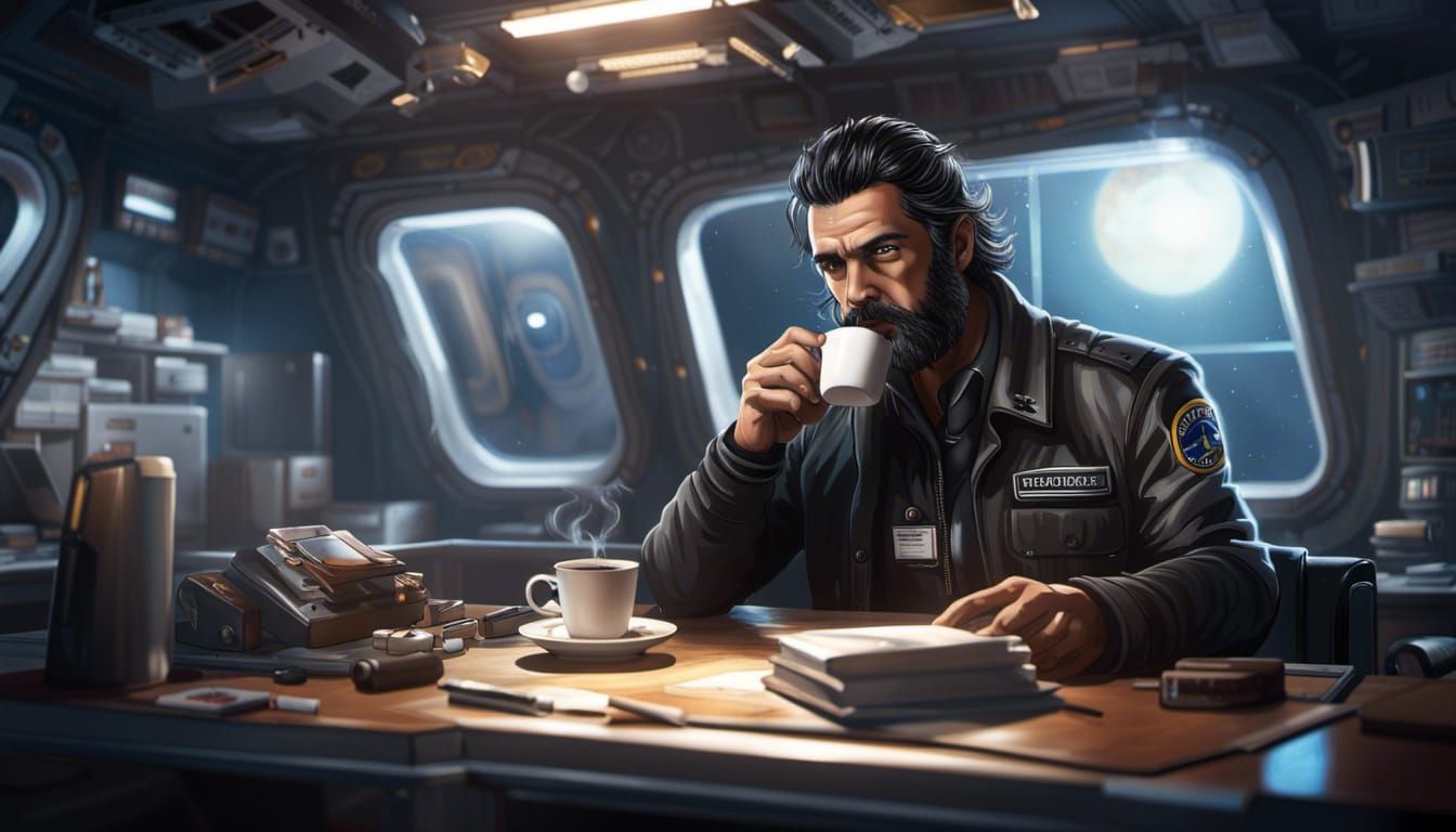 Space Detective in Futuristic Police Station, Hyperrealistic...