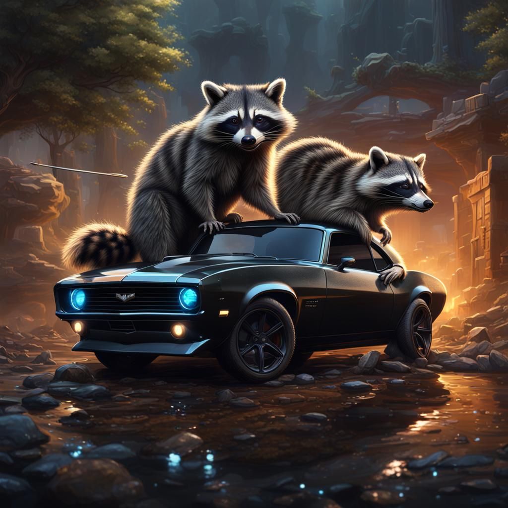 Raccoons Frolic on Black Camaro: Detailed Matte Painting
