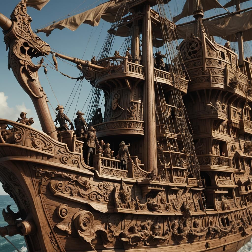 Intricate Wooden Pirate Ship Carving in Golden Light