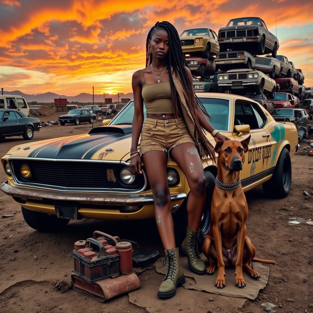 Trashpunk Mechanic with Doberman in Junkyard