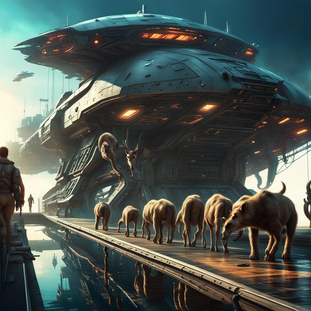 Cyberpunk Ark: Animals Board a Futuristic Starship