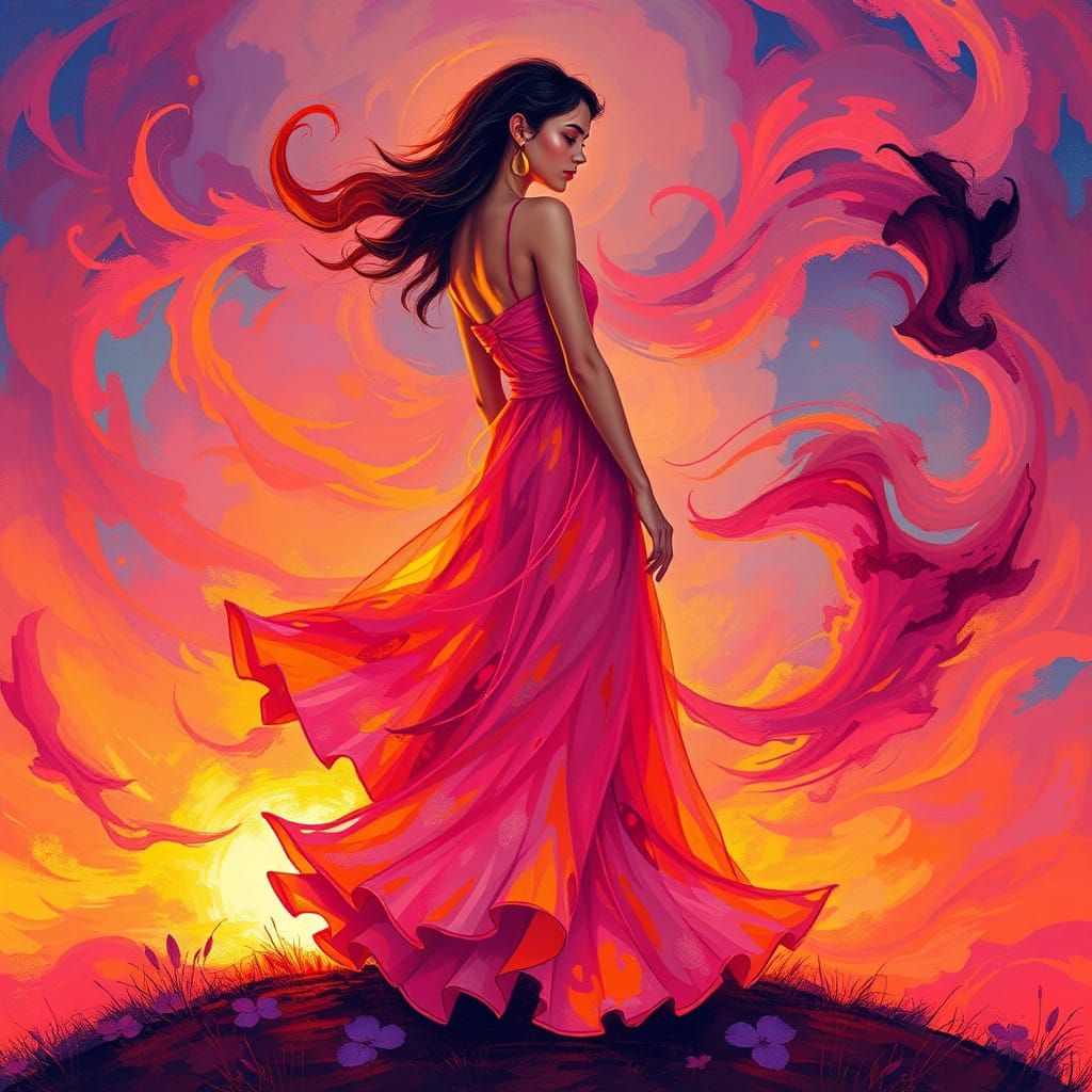 Vibrant Woman Emits Radiant Colours in Dreamlike Sunset Scen...