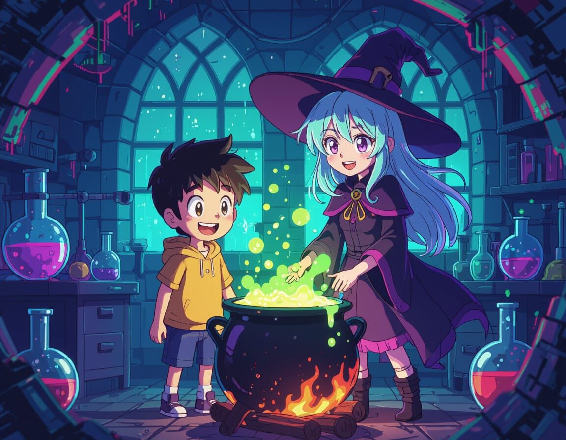 Anime Witch and Boy by Cauldron in Spooky Lab