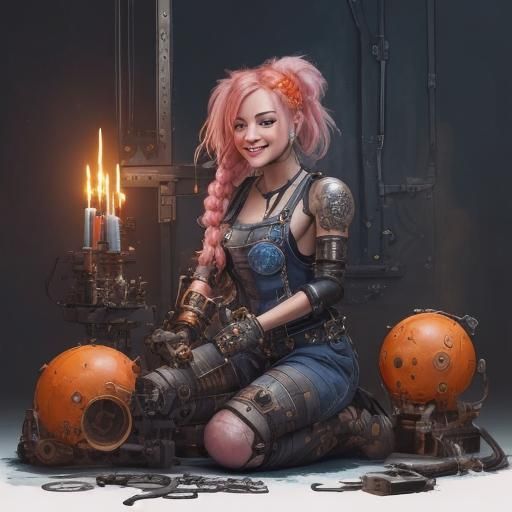 Steampunk Mechanic Girl Repairs Chopper Motorbike