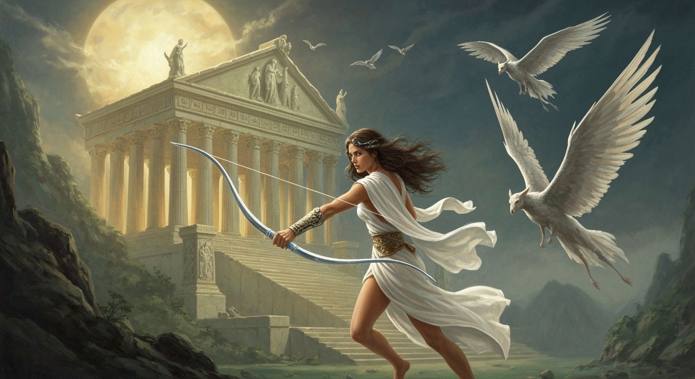 Woman Fights Harpies at Ancient Temple in Dramatic Style