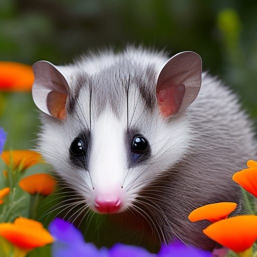 Adorable Opossum in Anime Style with Poppies