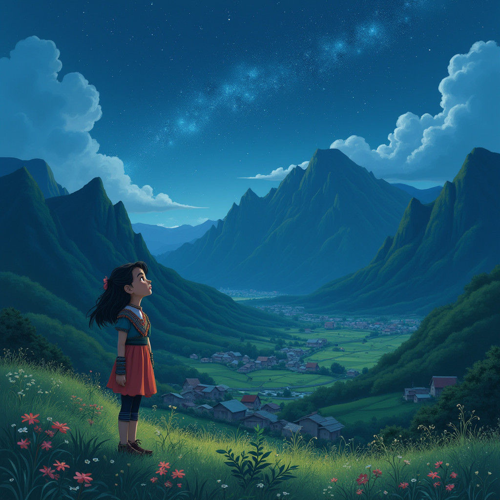 Mountain Village at Dusk Under Starry Sky