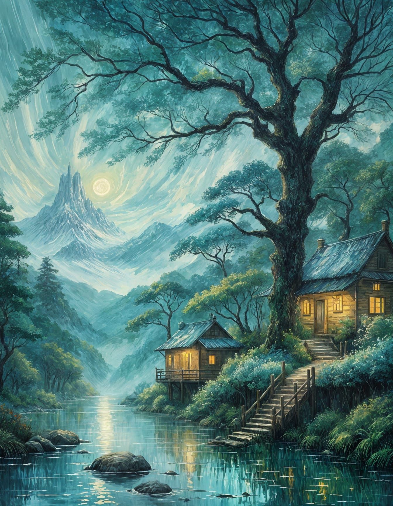 Mystical Dusk Scene with Vintage Hand-Painted Feel