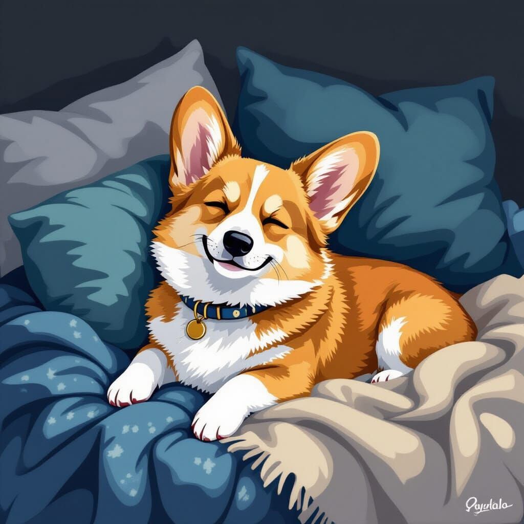 Sleepy Corgi Lounging in Digital Art Style