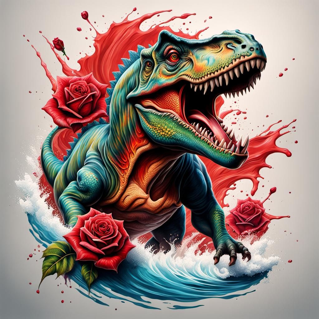 Hyperrealistic Dinosaur Surfing with Rose Tattoo