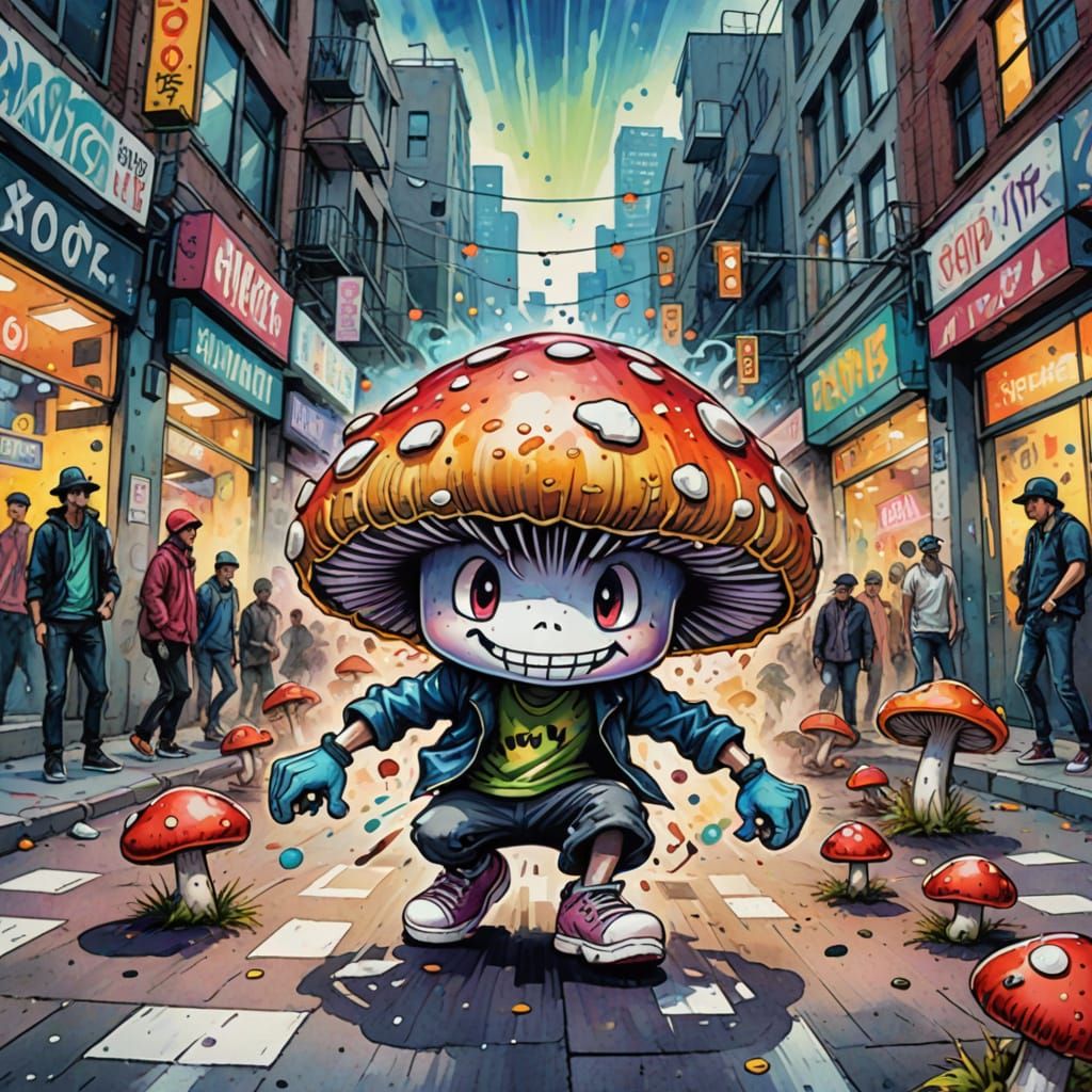 Vibrant Mushroom Breakdancer in Watercolor Style