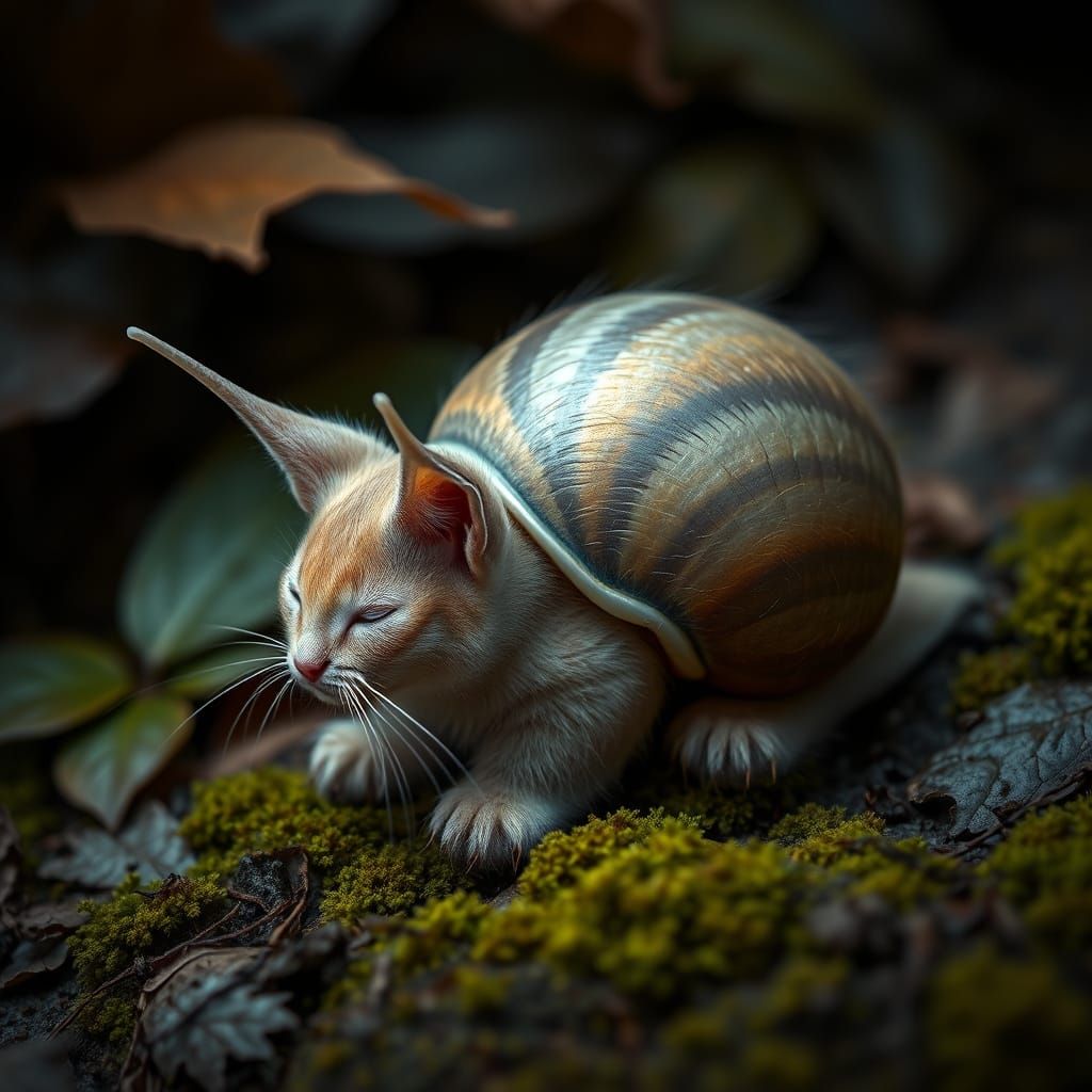 Furry, Iridescent Hybrid Cat-Snail in a Damp, Natural Settin...