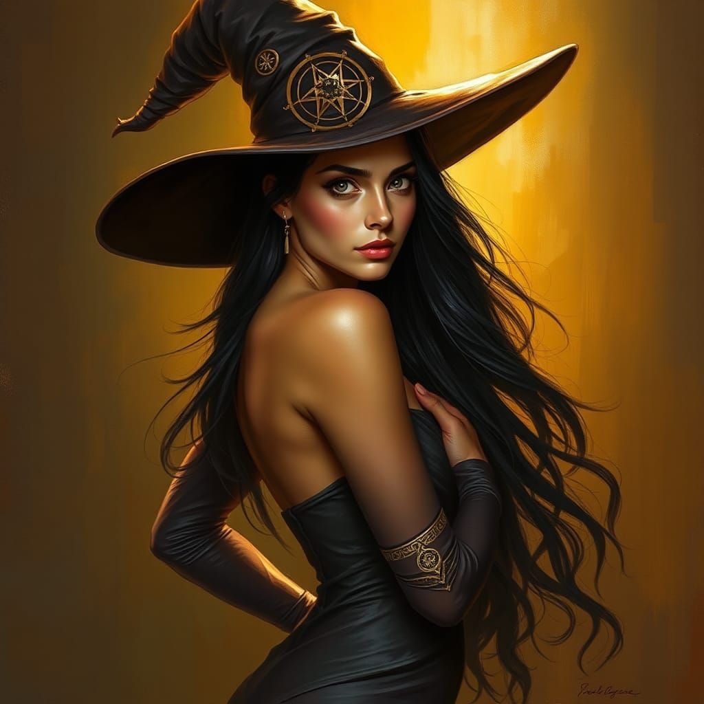 Athletic Witch with Mystical Hat, Oil Painting Style