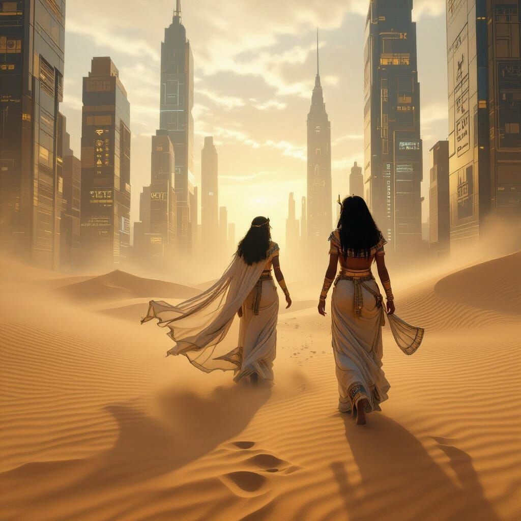Egyptian Priestess in Futuristic Metropolis