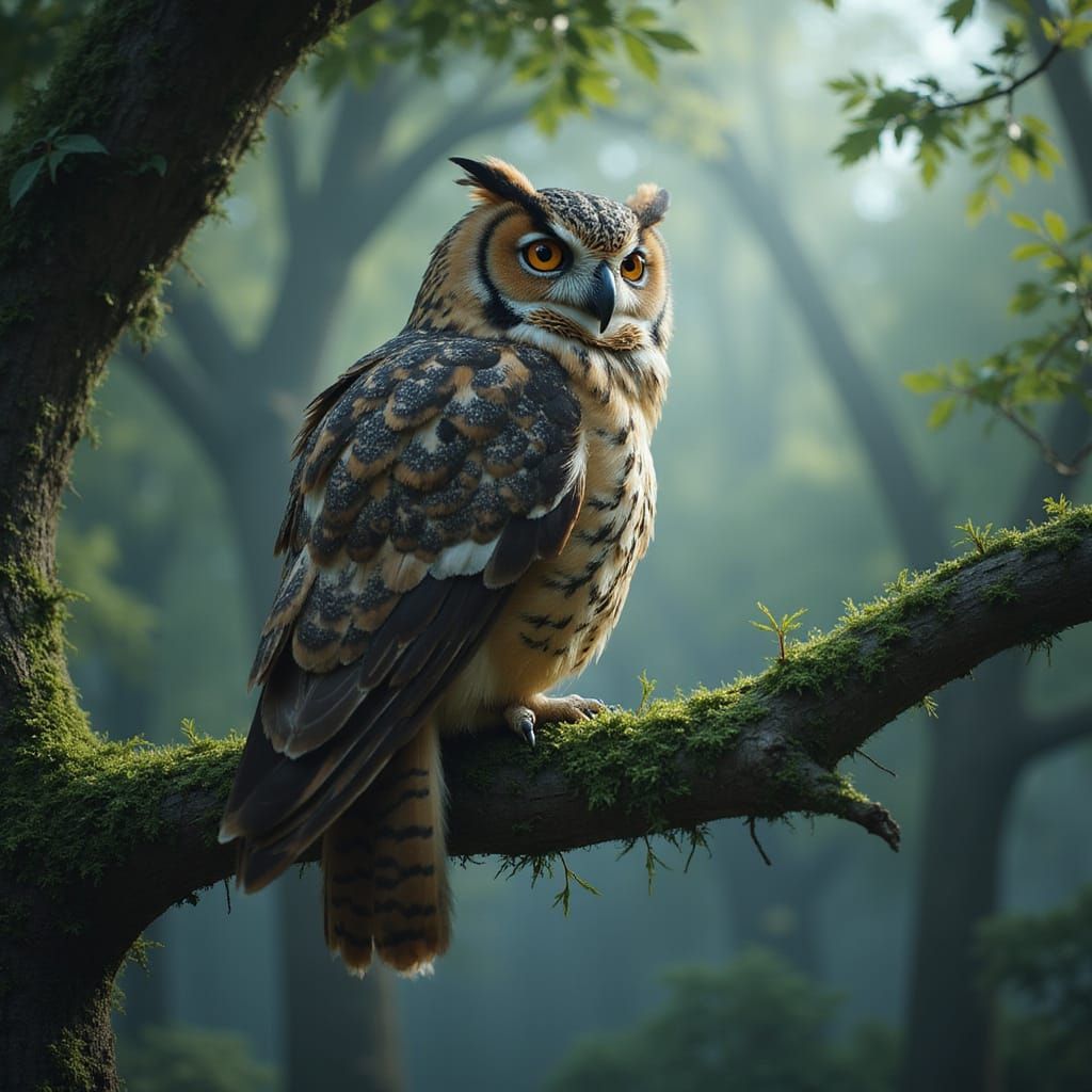 Fantastical Owl in Mystical Oak Forest Scene