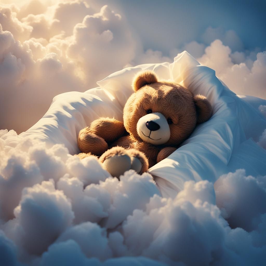 Teddy Bear Sleeping in Cloud Bed: Cinematic Still
