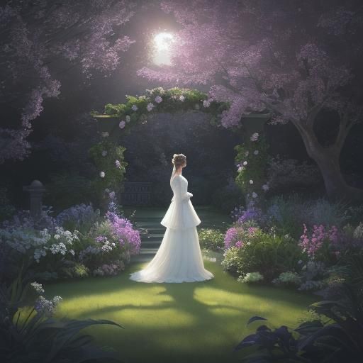 Serene Woman in Moonlit Garden: Digital Art