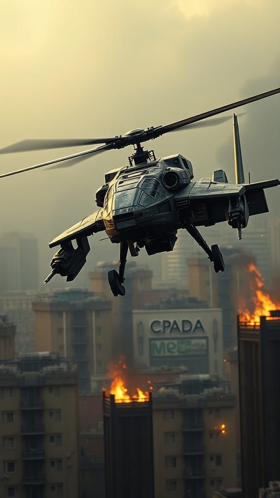 Armored Helicopter-Mech Soars Over War-Torn Cityscape