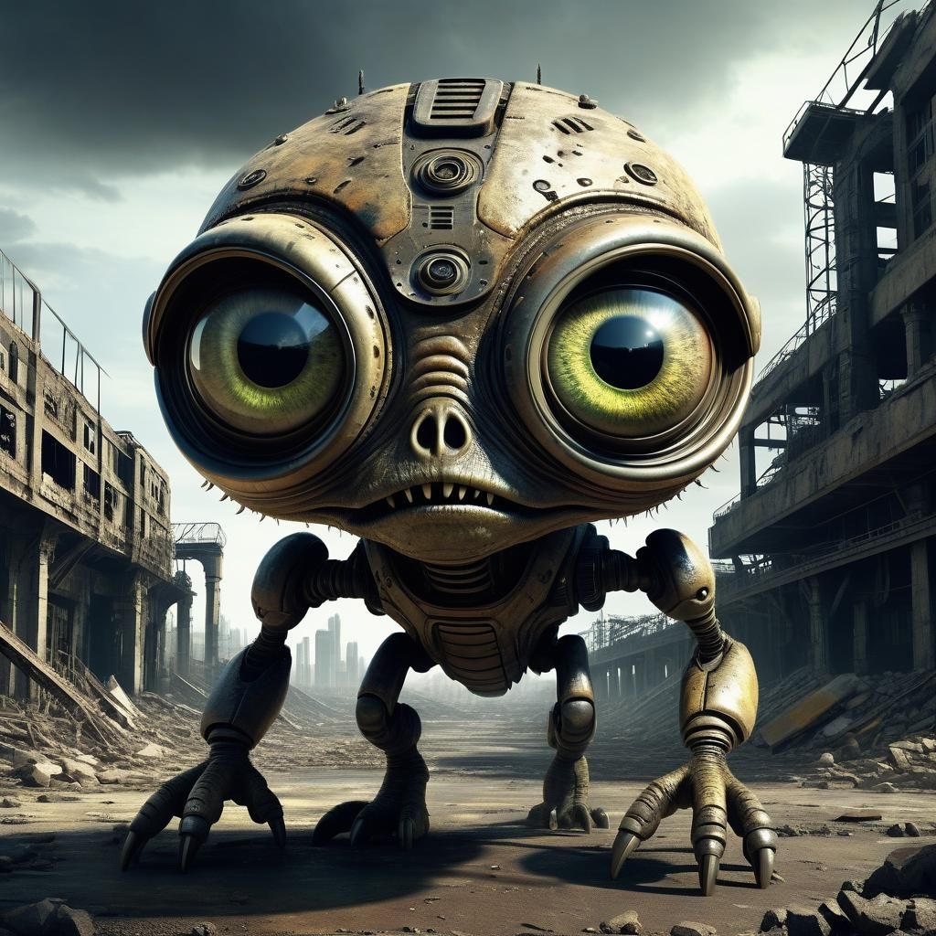 Alien Creature in Ruined Sci-Fi Landscape