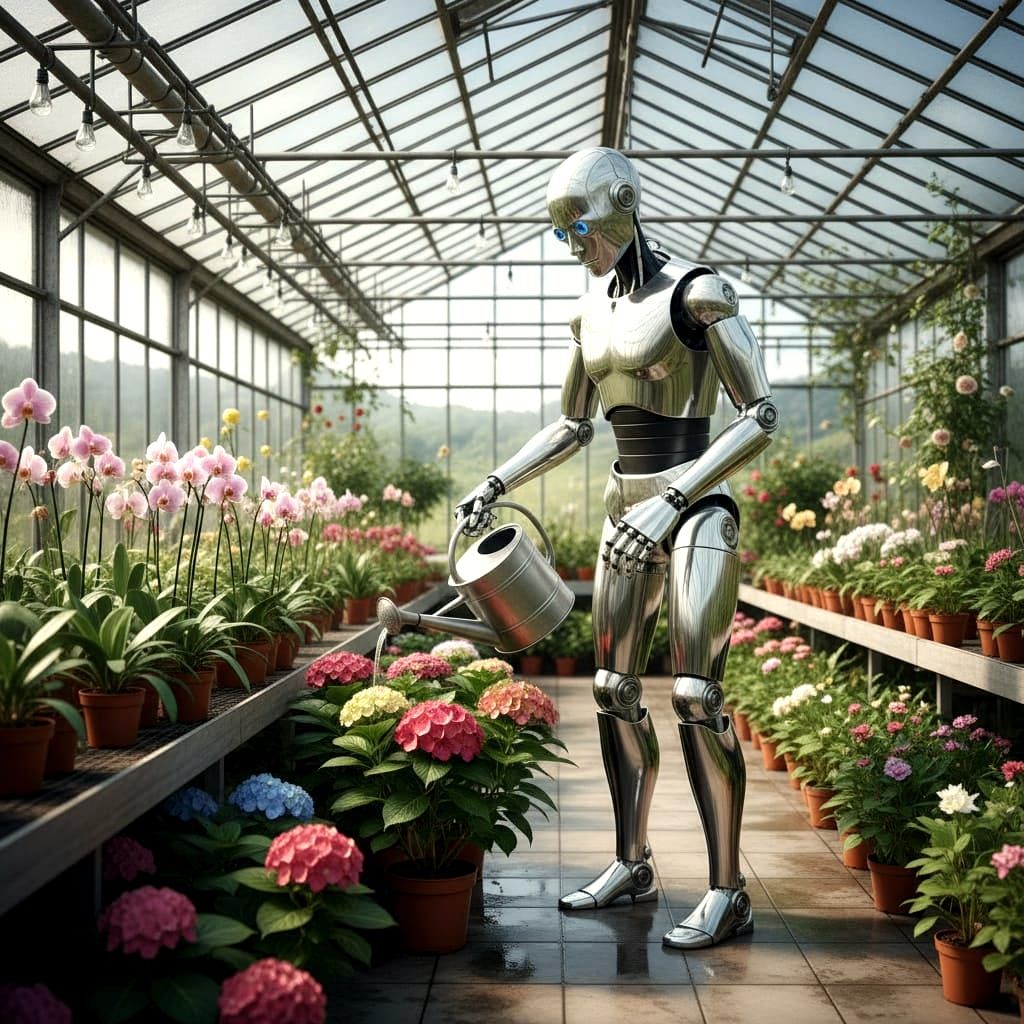 Android Tends to Flowers in a Lush Greenhouse