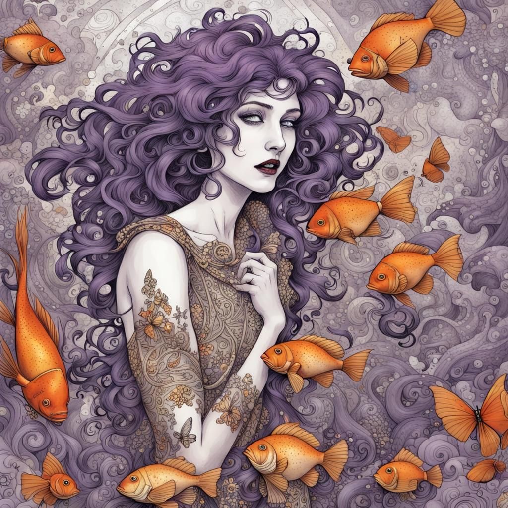 Delirium in Klimt Style with Tropical Fish