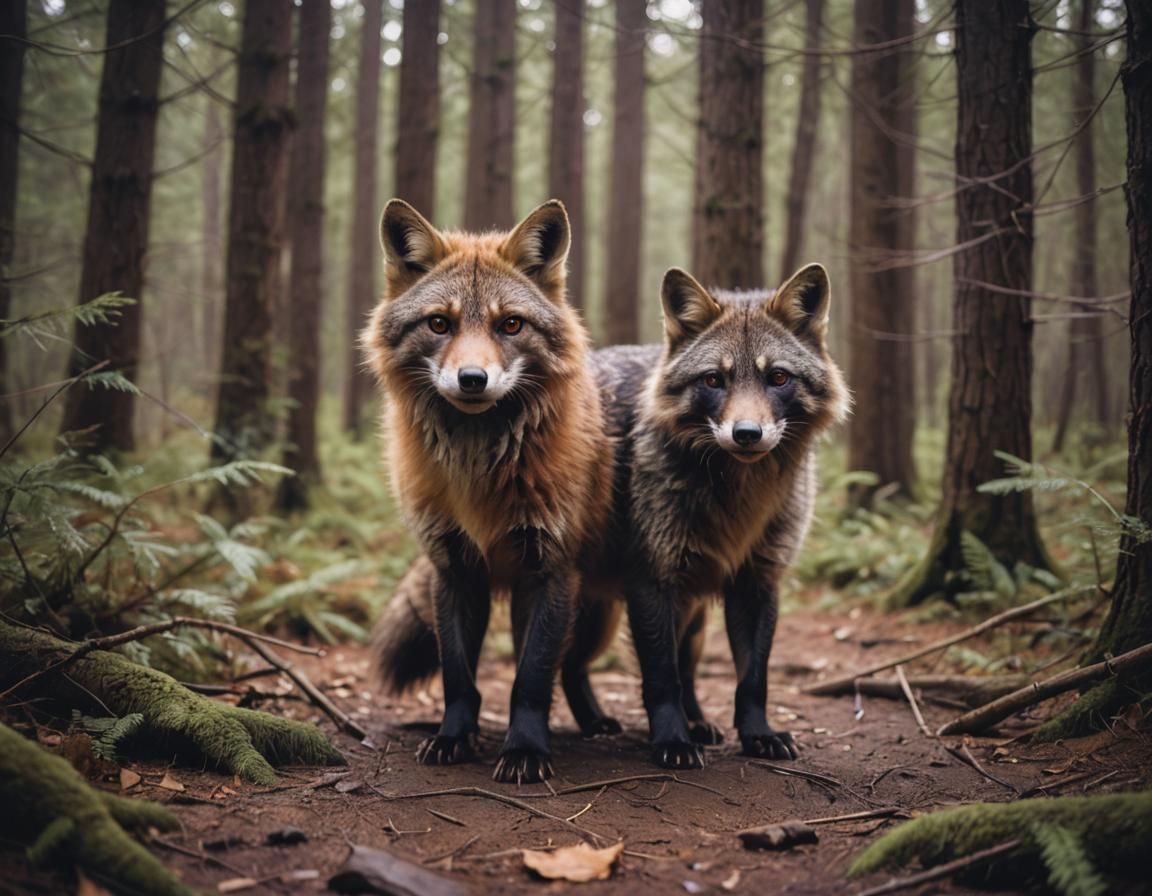 Fox Raccoon Wolf Bear Hybrid in Ancient Forest