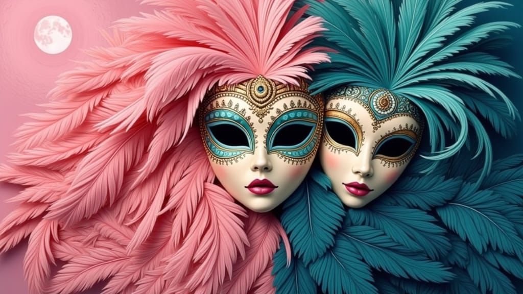 Surrealist Oil Painting of Venetian Mask with Feathers