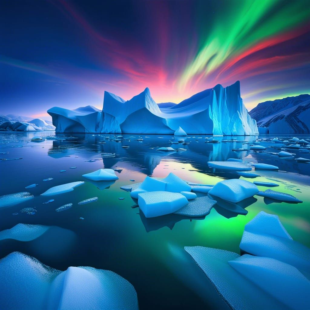 Greenland Ice Fjord Under Northern Lights