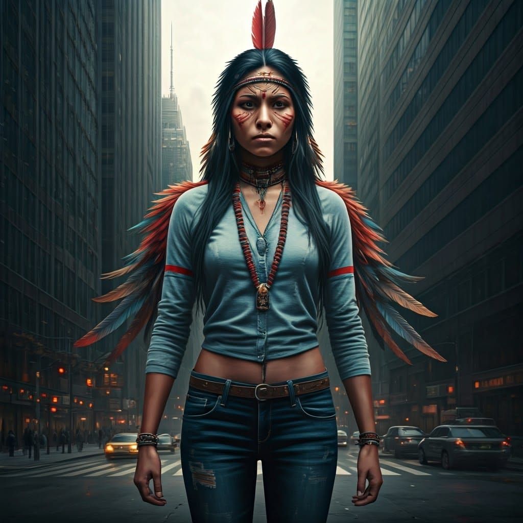 A modern indigenous woman dressed in jeans and a button-up s...