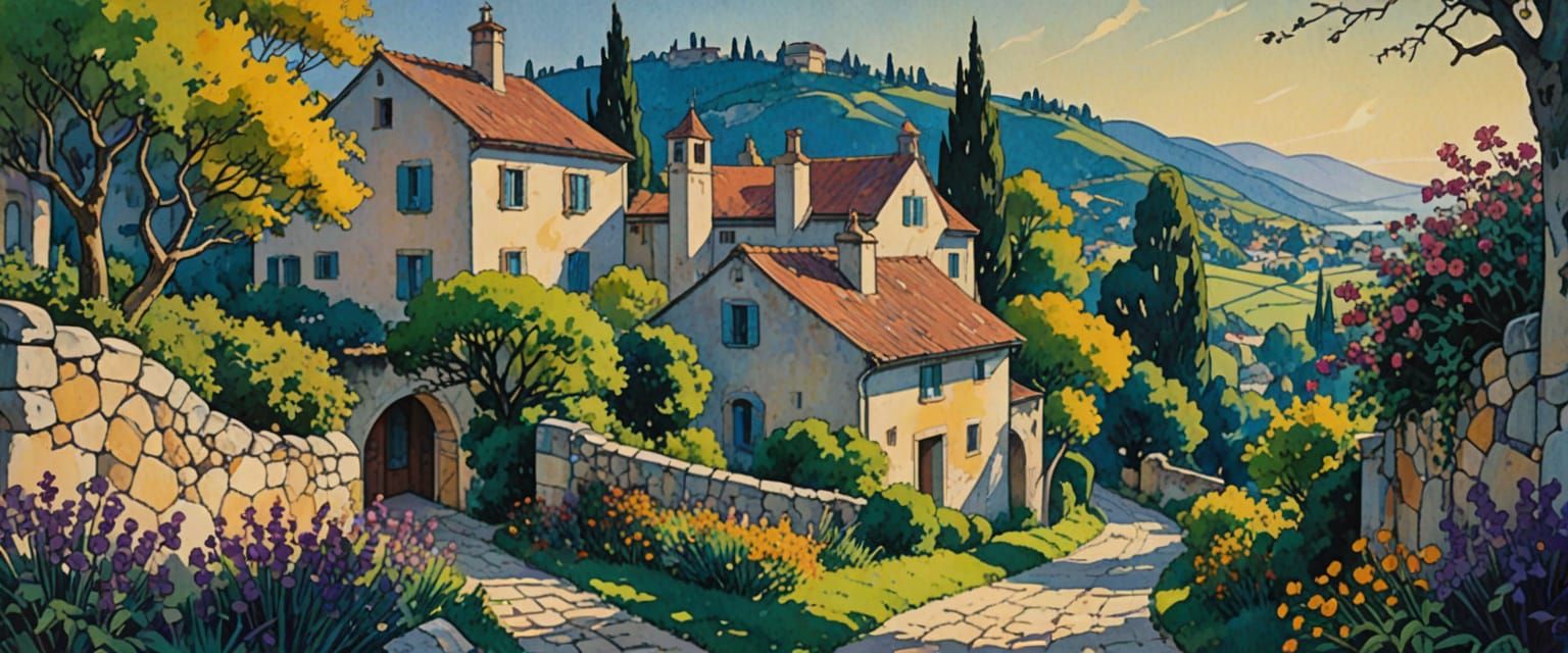 Dreamlike Village in Impressionist Watercolor and Gouache