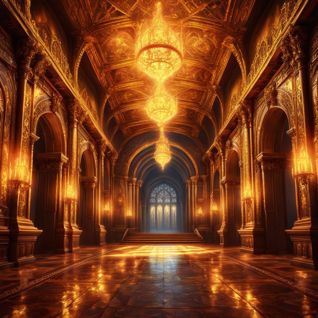 Majestic Hallway of Fire and Gold, Oil Painting