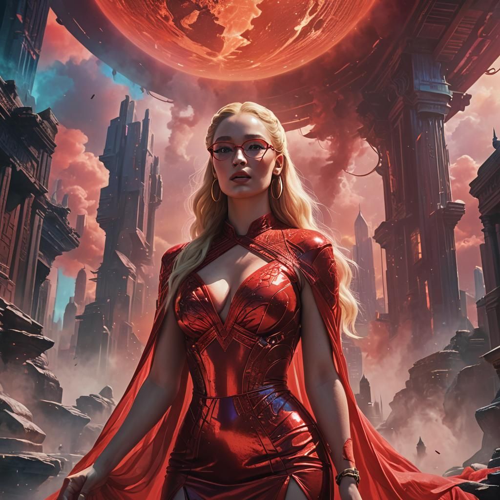 Fantasy Art of Woman in Red Dress and Glasses