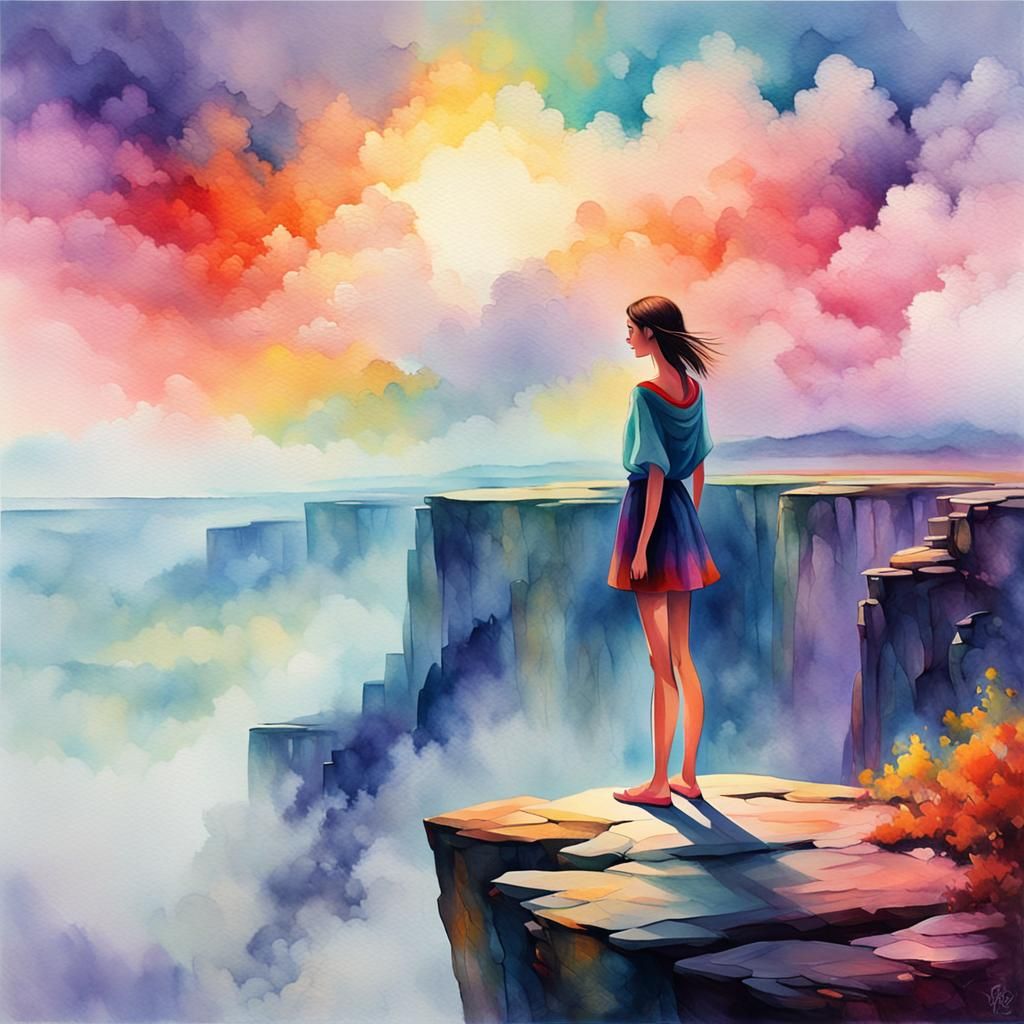 Woman with Exaggerated Proportions on Misty Cliff