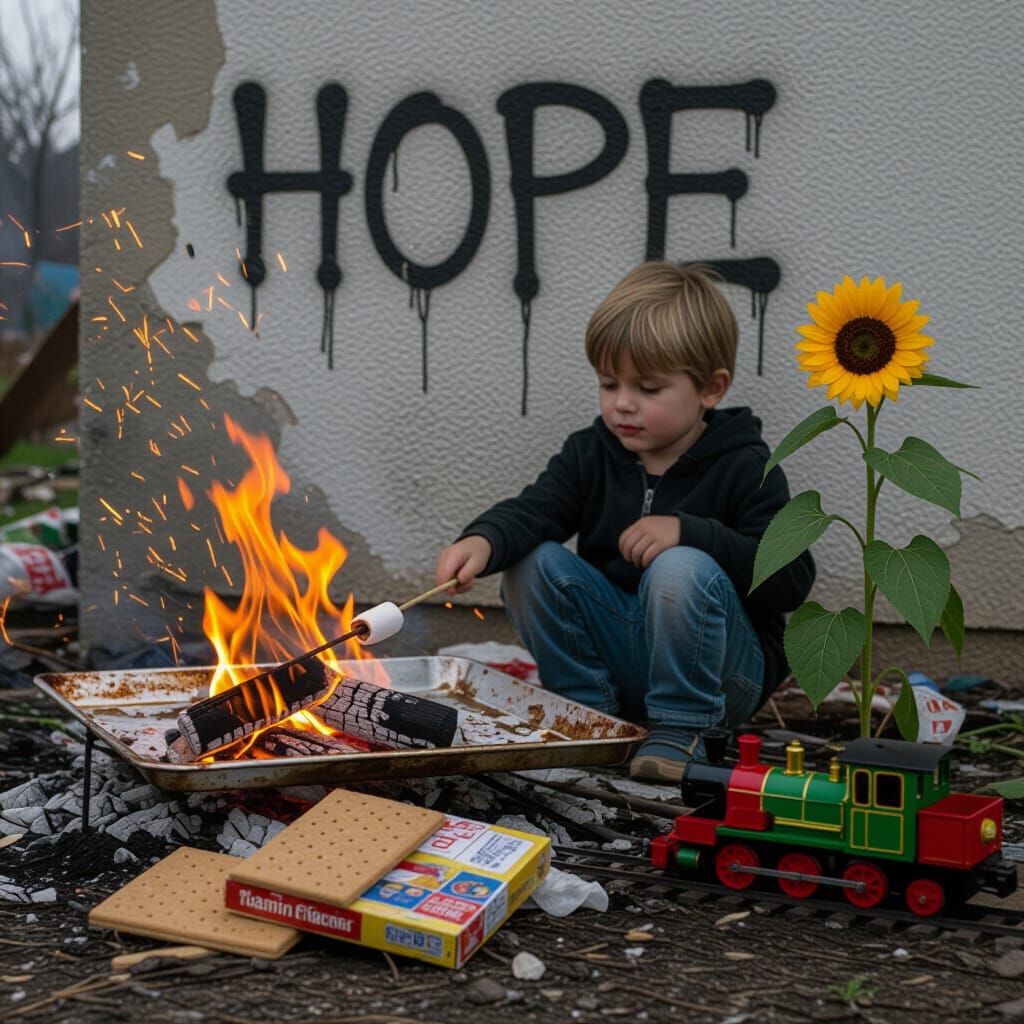 Child Roasting Marshmallow in Devastated Landscape