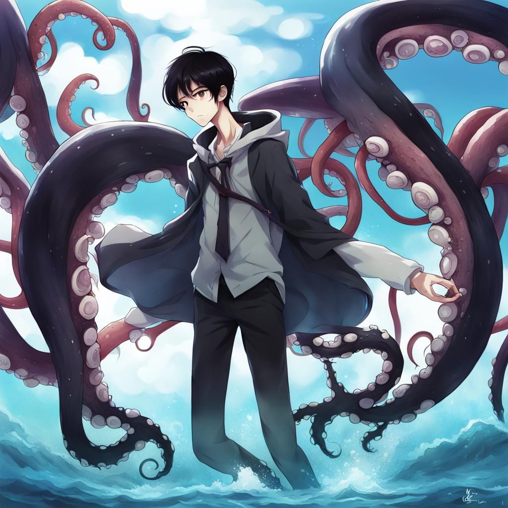 Anime Asian Boy with Tentacles in Manga Style