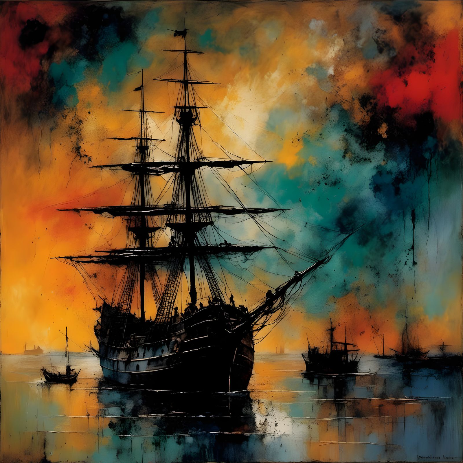 Pirate Ship Enters Harbor in Impressionistic Style
