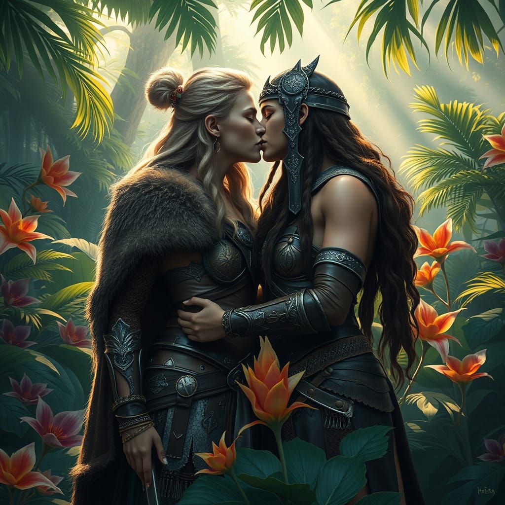 Viking Warrior and Amazonian Amazon in Tropical Lush Sanctua...