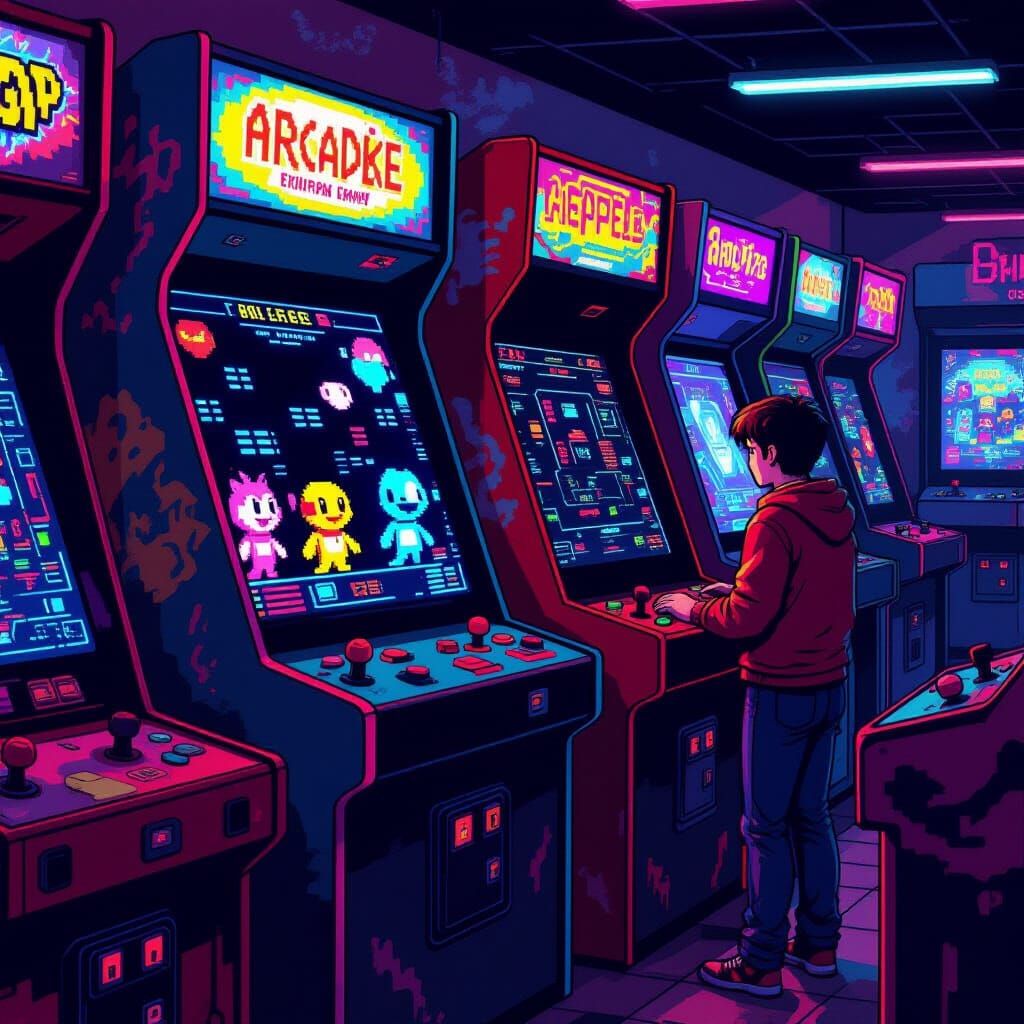 Retro Arcade Cabinet with Pixel Characters Interacting