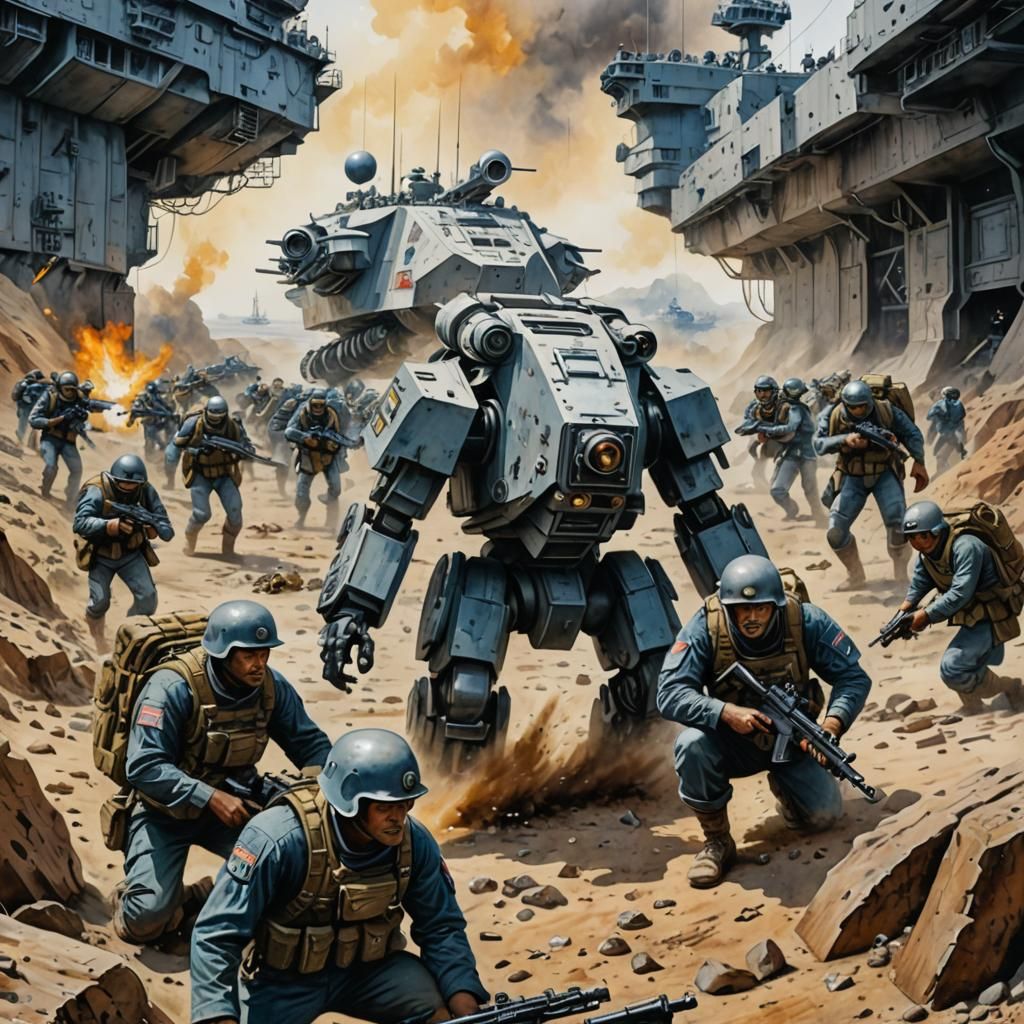 Futuristic Infantry Battle in Watercolor Style