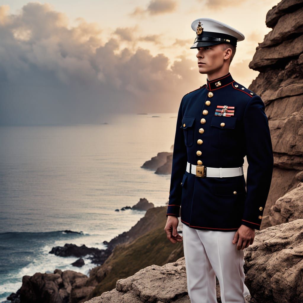 Marine in Dress Blues Overlooking Ocean at Sunset