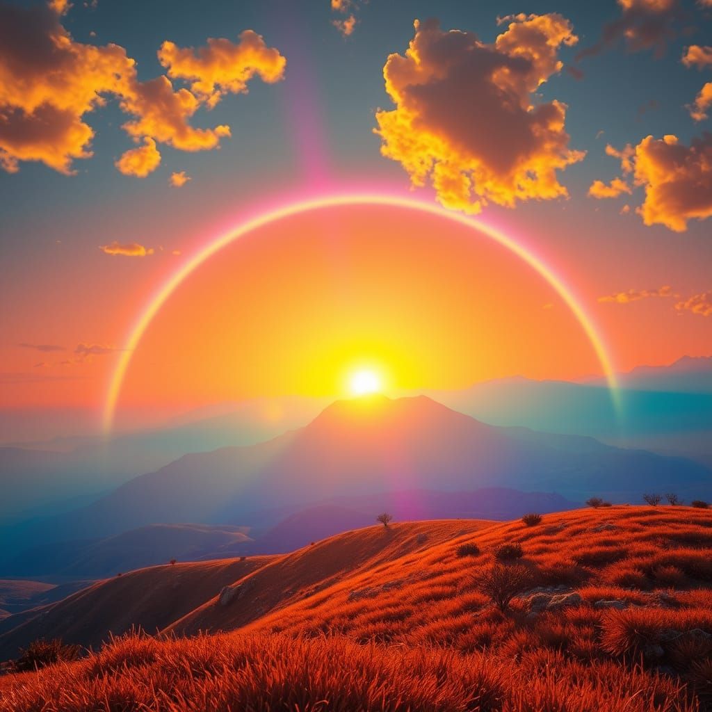 Ethereal Sunset Landscape with Glowing Rainbow and Iridescen...