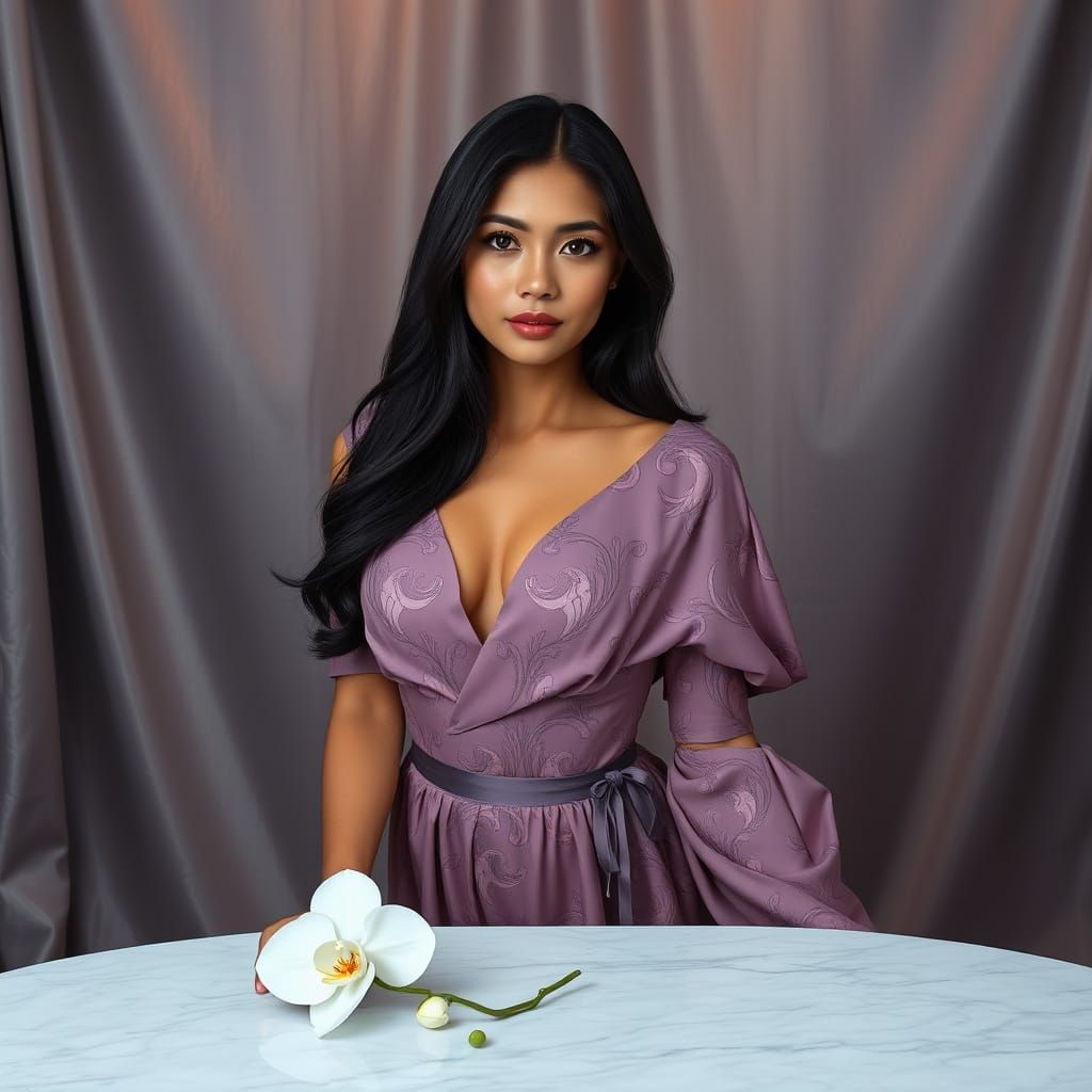A glamorous studio portrait captures a young Indonesian woma...