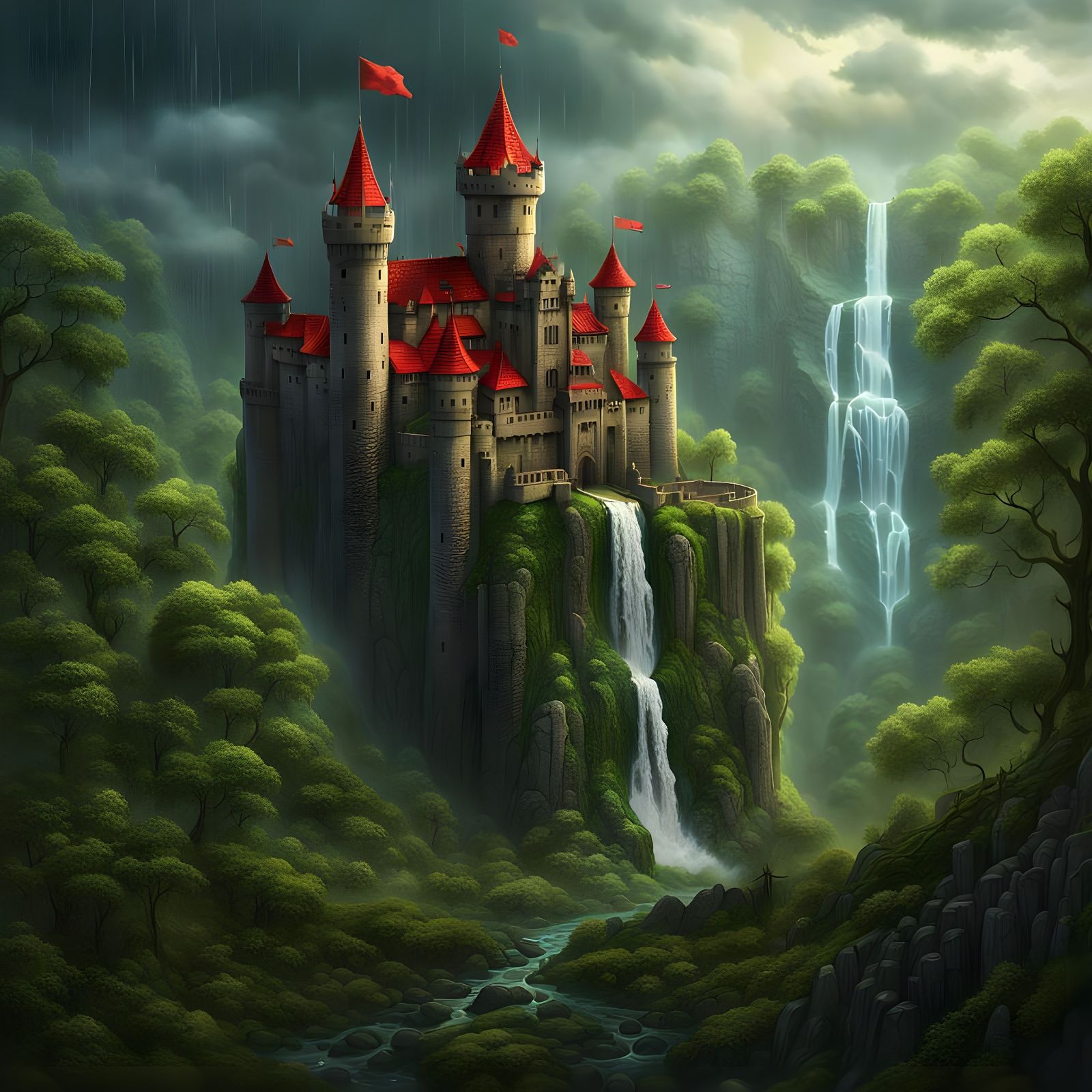 Detailed Castle in Rain, Matte Painting Style