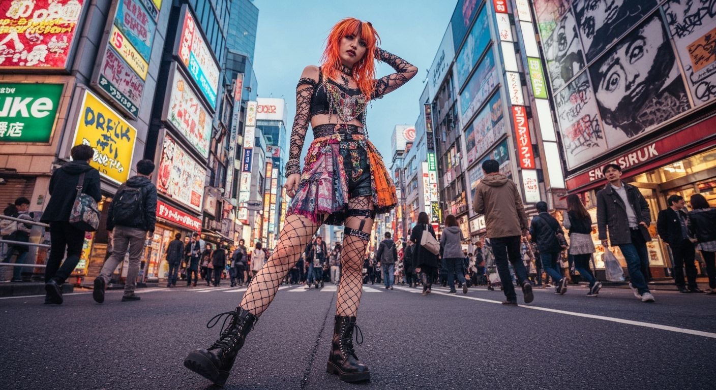 Punk Gyaru Girl in Neon Shibuya Street Scene