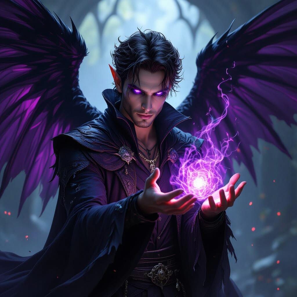Male Pixxie Warlock Conjuring Dark Energy with Purple Eyes